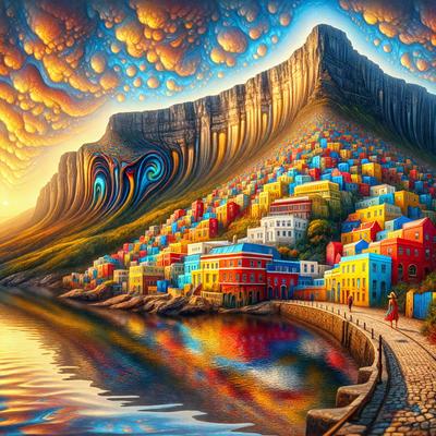 The primary subject of the image is a colorful cityscape with a mountain in the background. The city is built on the side of the mountain, and the buildings are painted in various colors. The setting is a picturesque landscape with a body of water nearby. The visual style of the image is a combination of digital art and illustration, creating a vibrant and lively atmosphere. The dominant colors in the scene are a mix of reds, blues, and greens, reflecting the vibrancy of the city